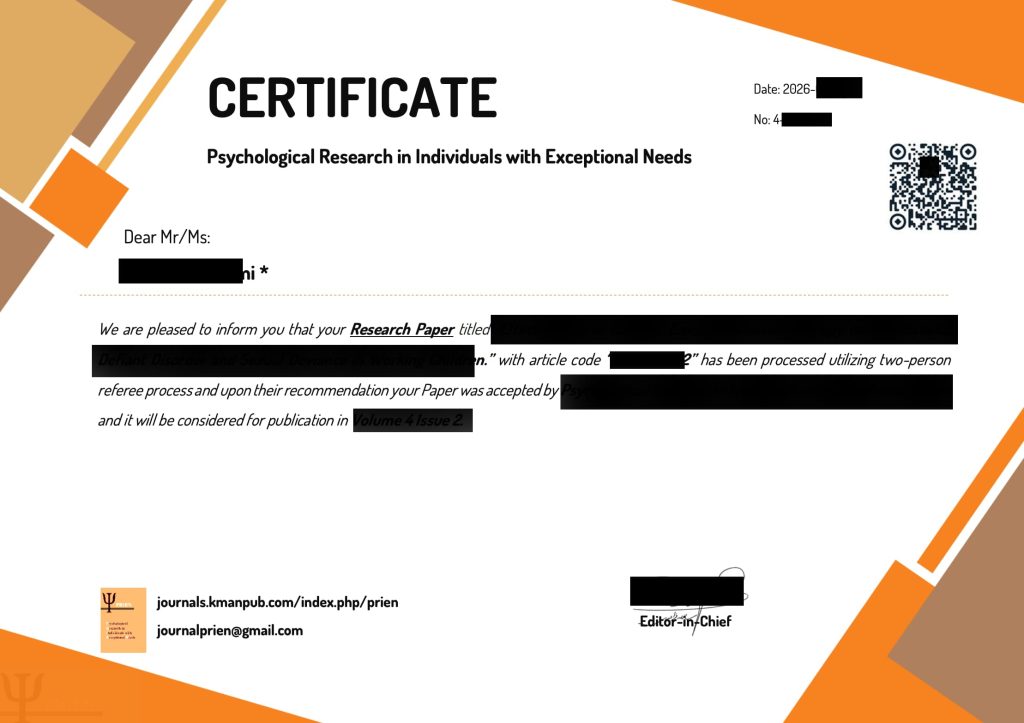 گواهی اکسپت در Psychological Research in Individuals with Exceptional Needs